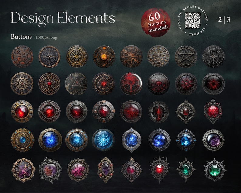 Buttons und Symbole für Dark Fantasy TCG: 60 detailreiche, runde Buttons in mystischem Stil, geeignet für Fantasy-Karten-Design.