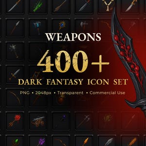 Peut inclure: Ensemble d'icônes de dark fantasy avec plus de 400 armes. L'image présente diverses épées, haches, masses et autres armes fantastiques dans une grille. Le texte indique "WEAPONS 400+ DARK FANTASY ICON SET".