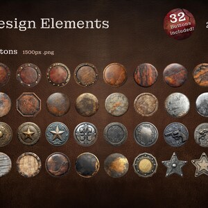 Übersicht von 32 dekorativen Buttons im Western-Stil auf einer braunen Ledertextur. Die Buttons zeigen rustikale Designs, darunter gealterte Metalle, Holzoptik & Verzierungen wie Sterne, Revolver und florale Muster.