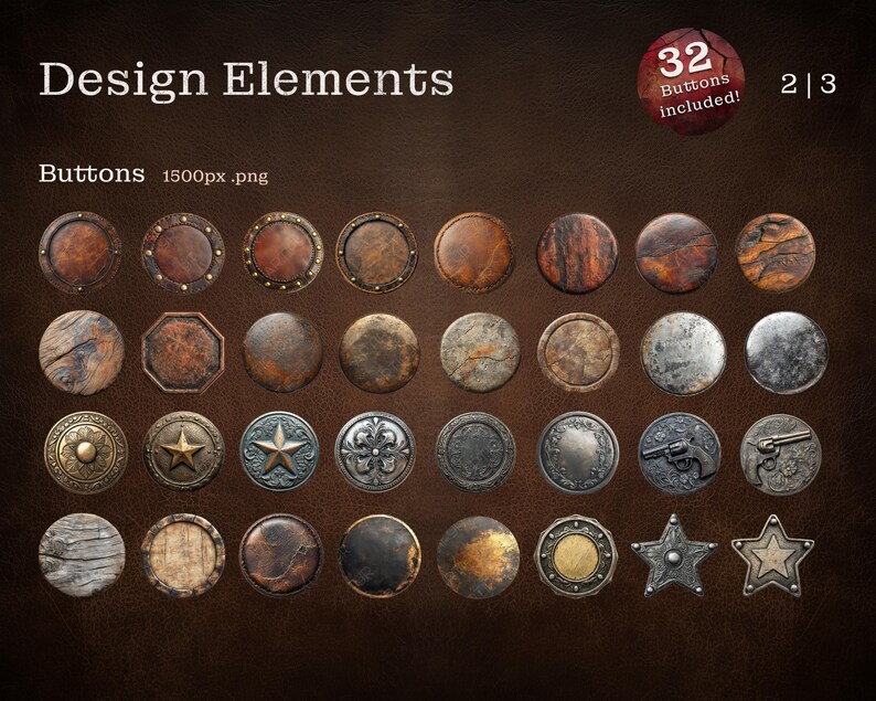Übersicht von 32 dekorativen Buttons im Western-Stil auf einer braunen Ledertextur. Die Buttons zeigen rustikale Designs, darunter gealterte Metalle, Holzoptik & Verzierungen wie Sterne, Revolver und florale Muster.