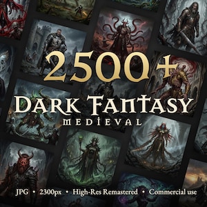 Könnte beinhalten: Eine Sammlung mittelalterlicher Dark-Fantasy-Kunstdrucke. Das Bild zeigt mehrere Illustrationen von Kriegern, Dämonen und Fabelwesen. Der Text "2500+ Dark Fantasy Medieval" ist in goldfarbenen Buchstaben dargestellt.