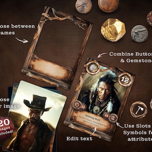 Anleitung für das Erstellen von Western-Spielkarten. Elemente wie rustikale Rahmen, Buttons, Edelsteine und Textfelder werden zu einer Karte kombiniert. Beispielkarte zeigt Sitting Bull mit Symbolen und Werten.