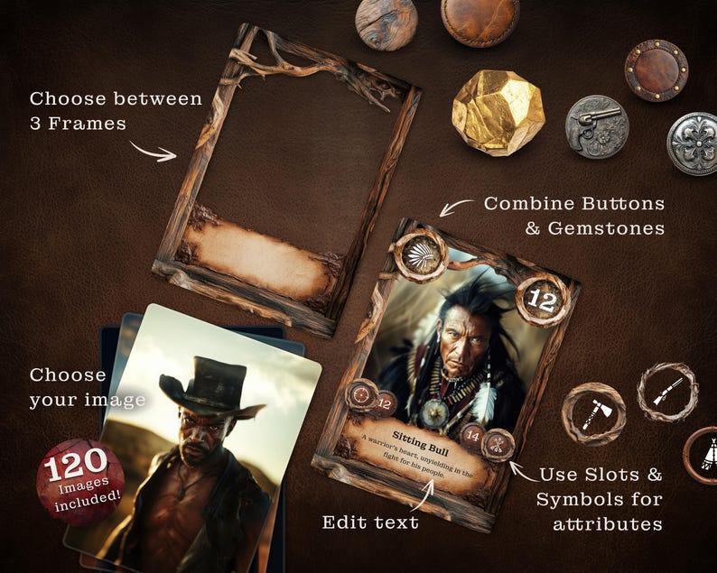 Anleitung für das Erstellen von Western-Spielkarten. Elemente wie rustikale Rahmen, Buttons, Edelsteine und Textfelder werden zu einer Karte kombiniert. Beispielkarte zeigt Sitting Bull mit Symbolen und Werten.