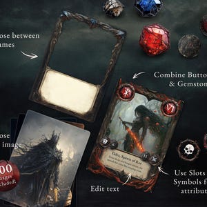 Anleitung für das Dark Fantasy TCG Template Set: Verschiedene Rahmen, Symbole und Elemente kombinieren und eigene TCG-Karten erstellen.
