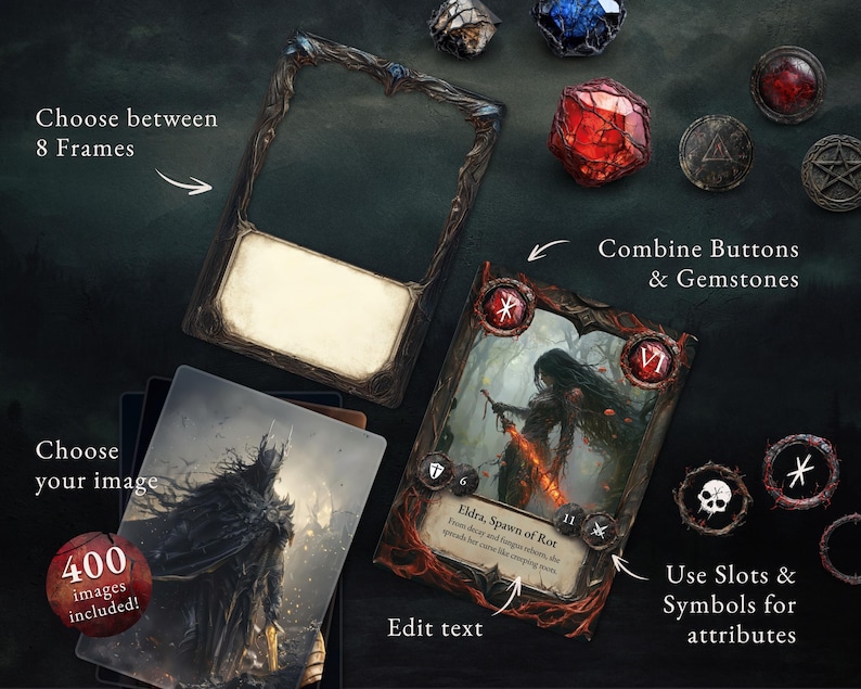 Anleitung für das Dark Fantasy TCG Template Set: Verschiedene Rahmen, Symbole und Elemente kombinieren und eigene TCG-Karten erstellen.