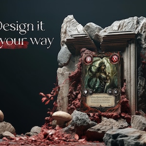 Fantasy-Kartendesign in einem düsteren Steinrahmen, mit dem Text 'Design it your way' im Vordergrund, passend für Dark Fantasy Trading Card Games