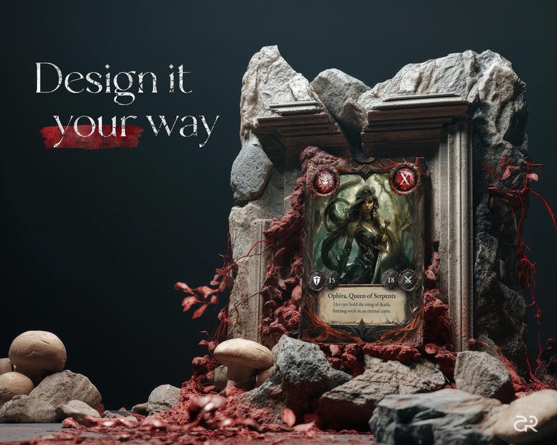 Fantasy-Kartendesign in einem düsteren Steinrahmen, mit dem Text 'Design it your way' im Vordergrund, passend für Dark Fantasy Trading Card Games