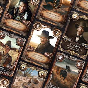 K&ouml;nnte beinhalten: Ein Set von Spielkarten im Vintage-Stil mit Bildern ber&uuml;hmter historischer Pers&ouml;nlichkeiten aus dem amerikanischen Westen. Die Karten sind mit verzierten goldenen Rahmen verziert und zeigen eine Vielzahl von Charakteren, darunter Sitting Bull, Jesse James, Wyatt Earp und Clara Boone. Die Karten sind mit verschiedenen Zahlen nummeriert, darunter 3, 7, 9, 11, 12, 13, 14, 15, 17, 20 und 21.