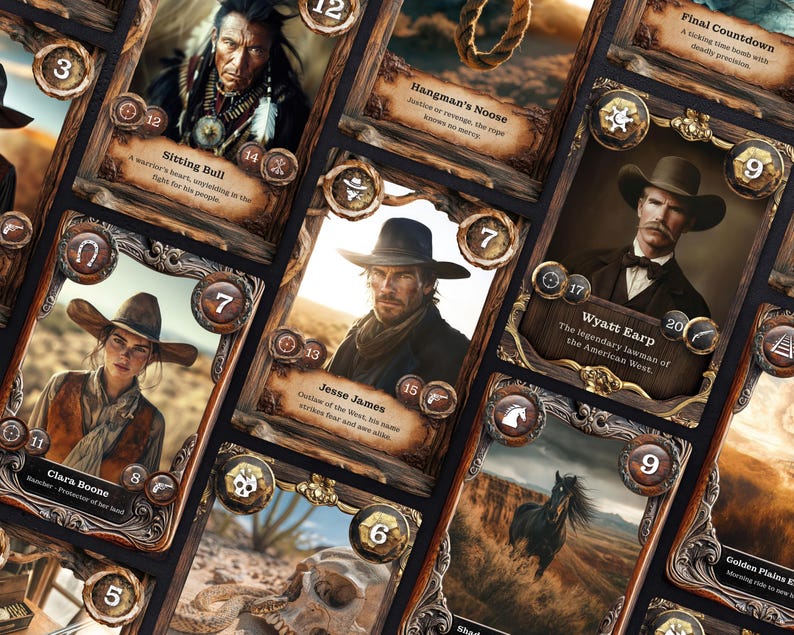 K&ouml;nnte beinhalten: Ein Set von Spielkarten im Vintage-Stil mit Bildern ber&uuml;hmter historischer Pers&ouml;nlichkeiten aus dem amerikanischen Westen. Die Karten sind mit verzierten goldenen Rahmen verziert und zeigen eine Vielzahl von Charakteren, darunter Sitting Bull, Jesse James, Wyatt Earp und Clara Boone. Die Karten sind mit verschiedenen Zahlen nummeriert, darunter 3, 7, 9, 11, 12, 13, 14, 15, 17, 20 und 21.