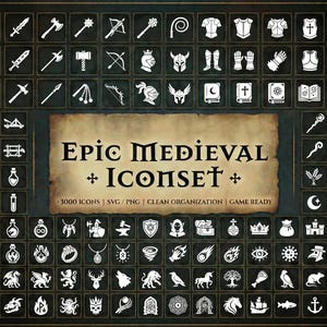 Può includere: Una collezione di icone medievali bianche su sfondo scuro. Le icone includono armi, armature, pozioni e elementi fantasy. Il testo "Epic Medieval Iconset" è visualizzato al centro, con testo aggiuntivo sottostante.