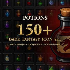 May include: A collection of fantasy potion icons in various colors and shapes, with the text "POTIONS 150+ DARK FANTASY ICON SET". The image includes a large, detailed potion bottle with a dragon emblem.