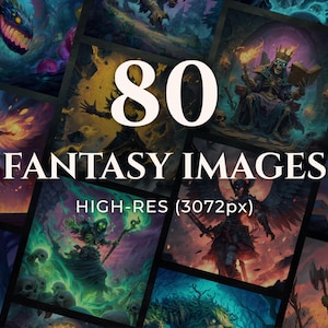 May include: A selection of 80 high-resolution fantasy images showcasing mythical creatures and scenes. The images include dragons, skeletons, and winged figures, with vibrant colours and detailed artwork.