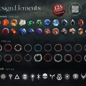 Design-Elemente für Dark Fantasy TCG: Edelsteine, Ringe und Symbole für düstere Fantasy-Karten, inklusive hochwertiger PNG-Dateien.