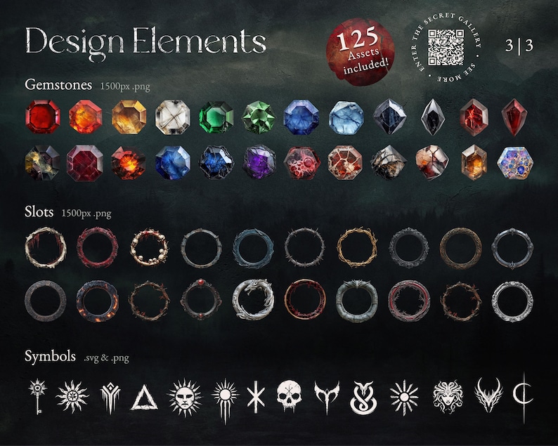 Design-Elemente für Dark Fantasy TCG: Edelsteine, Ringe und Symbole für düstere Fantasy-Karten, inklusive hochwertiger PNG-Dateien.