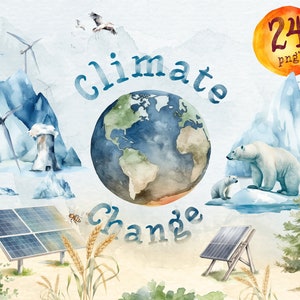 24 watercolor climate change graphics: renewable energy clipart, polar bear on pack ice, global warming, art for activists, sustainable art