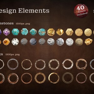Sammlung von 40 Design-Elementen im Western-Stil, darunter Edelsteine in verschiedenen Farben wie Amethyst, Türkis und Gold sowie kreisförmige Slots mit rustikalem Metall- und Holzdesign. Perfekt für Kartendesigns oder Spielelemente.