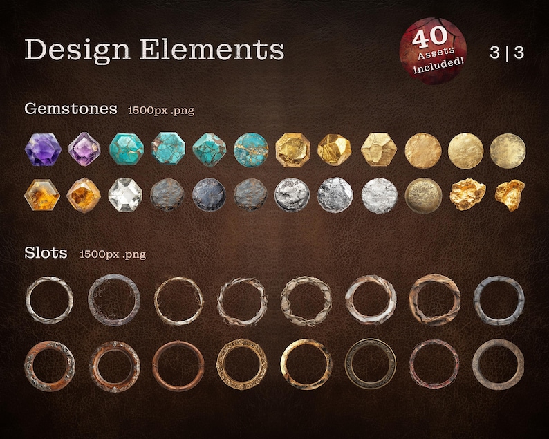 Sammlung von 40 Design-Elementen im Western-Stil, darunter Edelsteine in verschiedenen Farben wie Amethyst, Türkis und Gold sowie kreisförmige Slots mit rustikalem Metall- und Holzdesign. Perfekt für Kartendesigns oder Spielelemente.