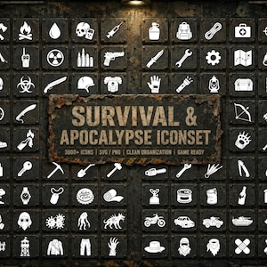 May include: A digital collection of white survival and apocalypse themed icons arranged on a dark, weathered metal grid. The central plaque features the text SURVIVAL & APOCALYPSE ICONSET, 3000+ ICONS, SVG/PNG, CLEAN ORGANIZATION, GAME READY.