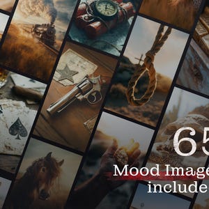 Collage aus stimmungsvollen Western-Bildern. Zu sehen sind typische Western-Elemente wie ein Galgenstrick, ein Revolver, Spielkarten, Goldbarren und Szenen aus der Prärie mit Tieren und Western-Atmosphäre. Perfekt für Western-Projekte.