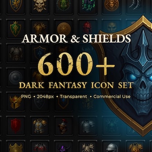 Könnte beinhalten: Eine Sammlung von Dark-Fantasy-Icons mit Rüstungen und Schilden. Das Bild zeigt verschiedene Designs von Helmen, Schilden und Rüstungsteilen. Der Text lautet "Armor & Shields 600+ Dark Fantasy Icon Set". Die Icons sind im PNG-Format, 2048px, transparent und für kommerzielle Nutzung.