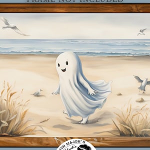 Póster de papel satinado con fantasma de Halloween en la orilla, decoración de interiores con ilustraciones de Halloween en colores pastel, regalo para el hogar con estilo cottagecore costero