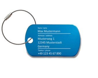 Luggage tag personalized with desired engraving, luggage tag "Blue" made of aluminum