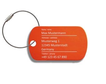 Aluminum luggage tag, suitcase tag "Dark Orange" engraved with your name