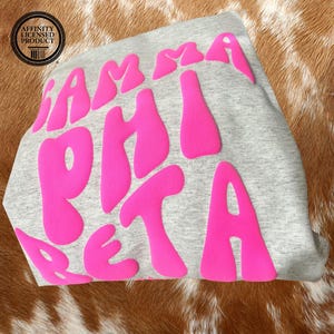 May include: Gray sweatshirt with the words "Gamma Phi Beta" in pink bubble letters.