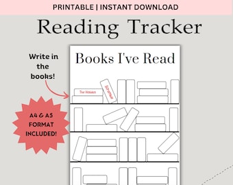 May include: Black and white printable reading tracker with the text "Books I've Read" and a bookshelf with spaces to write in the titles of books read. The text "The Holiday" and "Scramble" are written in red on two of the books.