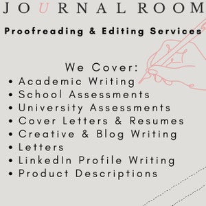 May include: A graphic with the text "JOURNAL ROOM" and "Proofreading & Editing Services" in black text on a light grey background. The text "We Cover:" is followed by a list of services offered: Academic Writing, School Assessments, University Assessments, Cover Letters & Resumes, Creative & Blog Writing, Letters, LinkedIn Profile Writing, and Product Descriptions.