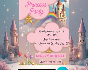Könnte beinhalten: Eine rosa Prinzessinnen-Party-Einladung mit Schloss, Regenbogen und Sternen. Die Einladung enthält den Text "Princess Party", Datum, Uhrzeit, Veranstaltungsort und RSVP-Informationen. Bearbeitbar in Canva.