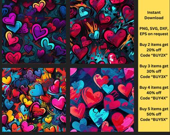 Graffiti Hearts seamless clipart images, Png, Svg Vector, Dxf, Instant digital download, Wall art, craft, Pod, scrapbooking, 4 images