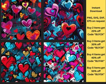 Graffiti Hearts seamless clipart images, Png, Svg Vector, Dxf, Instant digital download, Wall art, craft, Pod, scrapbooking, 4 images