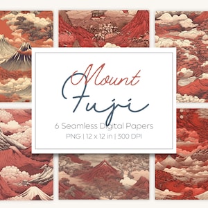 May include: Six digital papers featuring a repeating pattern of Mount Fuji, clouds, and trees in shades of red, white, and brown. The papers are 12 inches by 12 inches and 300 DPI.