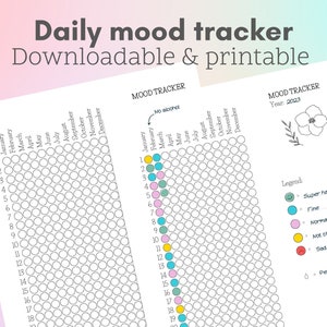Op de afbeelding: Printbare dagelijkse stemmingstracker met een kleurgecodeerde sleutel voor het bijhouden van stemmingen. De tracker bevat een sectie voor het noteren van het begin van een periode. De tracker is ontworpen voor gebruik gedurende het hele jaar 2023.