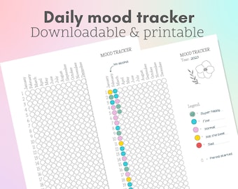 Può includere: Tracker di umore giornaliero stampabile con una chiave codificata a colori per tracciare i livelli di umore. Il tracker include una sezione per annotare l'inizio di un periodo. Il tracker è progettato per l'uso durante tutto l'anno 2023.