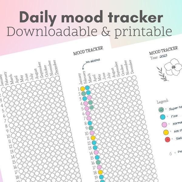 Daily mood tracker Printable | Yearly Mood journal | Color in Mood chart | Wellness planner | A4 & US Letter | 3 fonts | Instant download