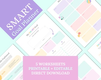 Può includere: Un set di fogli di lavoro stampabili per la pianificazione degli obiettivi utilizzando il metodo SMART. I fogli di lavoro sono colorati e presentano illustrazioni di fiori, una palla da spiaggia e foglie autunnali. Il testo sul foglio di lavoro dice "Il mio obiettivo SMART" e "Obiettivi SMART spiegati".