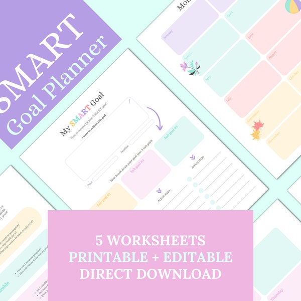 SMART Goal Planner | Goal Setting Worksheet | Editable + Printable PDF | SMART Goal Template