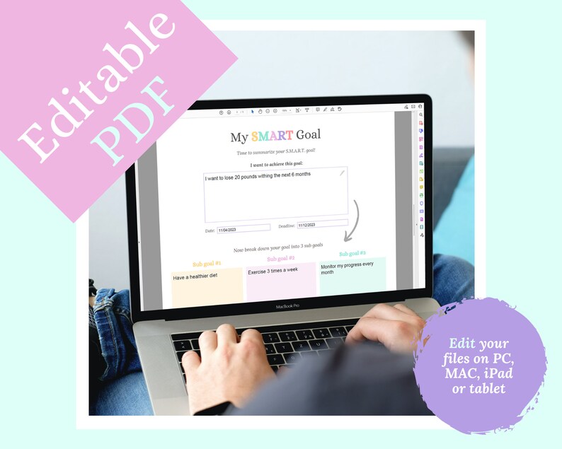Pu&ograve; includere: Uno schermo di computer portatile che mostra un modello di impostazione degli obiettivi SMART. Il modello include una sezione per scrivere un obiettivo, una data, una scadenza e tre sotto-obiettivi. Il testo sullo schermo recita "My SMART Goal" e "Time to maximize your SMART goal". I sotto-obiettivi sono "Have a healthier diet", "Exercise 3 times a week", e "Monitor my progress every month".