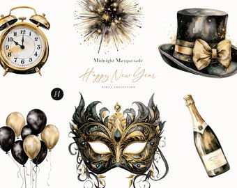 Watercolor New Year's Eve Clipart - Party Clipart - Masquerade Mask Clipart - Glamour Party Clipart - Fine Art Watercolor - SET ITEM