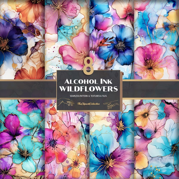 8 Alcohol Ink Wildflowers Seamless Pattern, Wildflower Pattern, Pantone Colors - Commercial Free