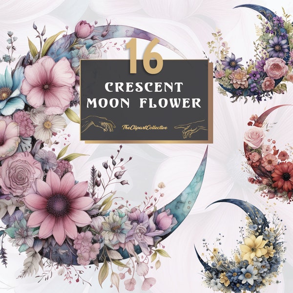 16 Crescent Moon Flower PNG Clipart, Luna Blooms Clipart, Whimsical Moon Flower PNG, Pink and Turquoise Moon Flowers - Commercial Use