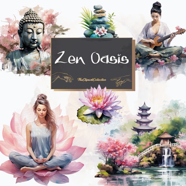 Zen Oasis Clipart, Spiritual Women Clipart, Meditative Women Clipart, Zen Garden Clipart| Commercial Free