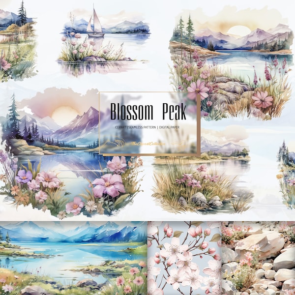 Blossom Peak Clipart - Mountains Clipart - Flower Scenes Clipart - Fall Clipart - Watercolor Clipart | Commercial Free