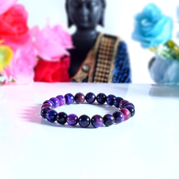 Purple tigers eye beaded bracelet Crystal healing natural stone stretchy stacking jeweler for him or her Purple Gift For Her By Vrinda