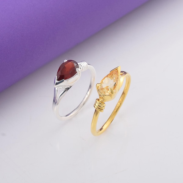 Designer Natural Golden Citrine & Red Garnet Solitaire Ring-Two Stone Ring-Unique Pear Ring-925 Solid Sterling Silver Jewelry