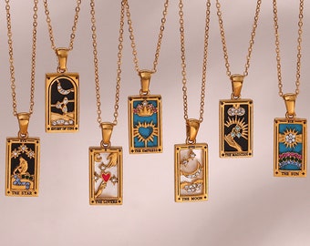 Gold Plated Tarot Card Necklace Pendant | Astrology Queen Star Sun Moon Tarot Card Necklace | Mystical Jewelry Gold Tarot Necklace Pendant