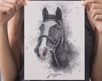 Personalised Horse Portrait • Watercolour Art Print from Your Photo • Artwork • Pet Cat Dog Rabbit • Beautiful Riding Painting • Home House