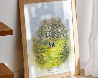 Wedding Engagement Proposal Photo Personalised Watercolour Art Print: Anniversary or Valentines Day Gift